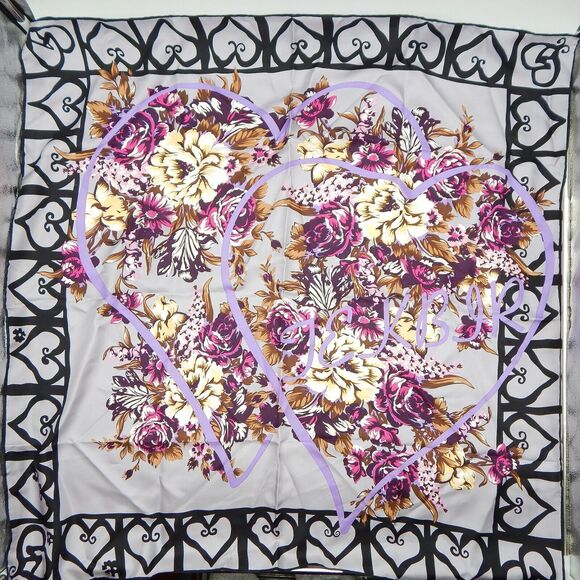 Hermes Scarf Heart Border Floral Print JEKBIR Lettering Grey Violet - Picture 1 of 16